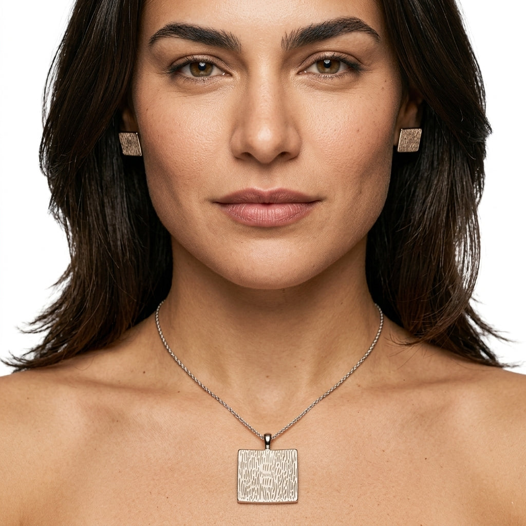 Jewelry Set (Pendant Necklace and Stud Earrings) — On Model - Close-up Detail | Generated by Modelize