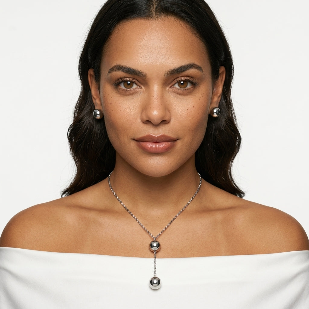Jewelry set (necklace and earrings) — On Model - Close-up Detail | Generated by Modelize