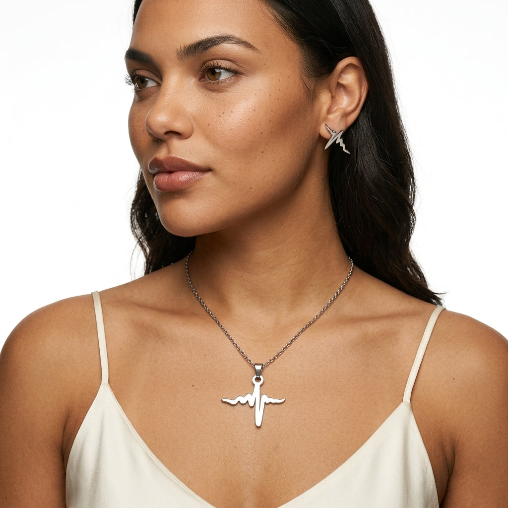 Jewelry Set (Pendant Necklace and Stud Earrings) — On Model - Close-up Detail | Generated by Modelize