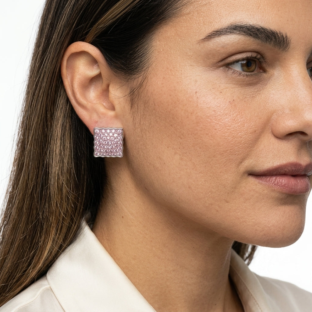 Square Stud Earrings — On Model - Close-up Detail | Generated by Modelize