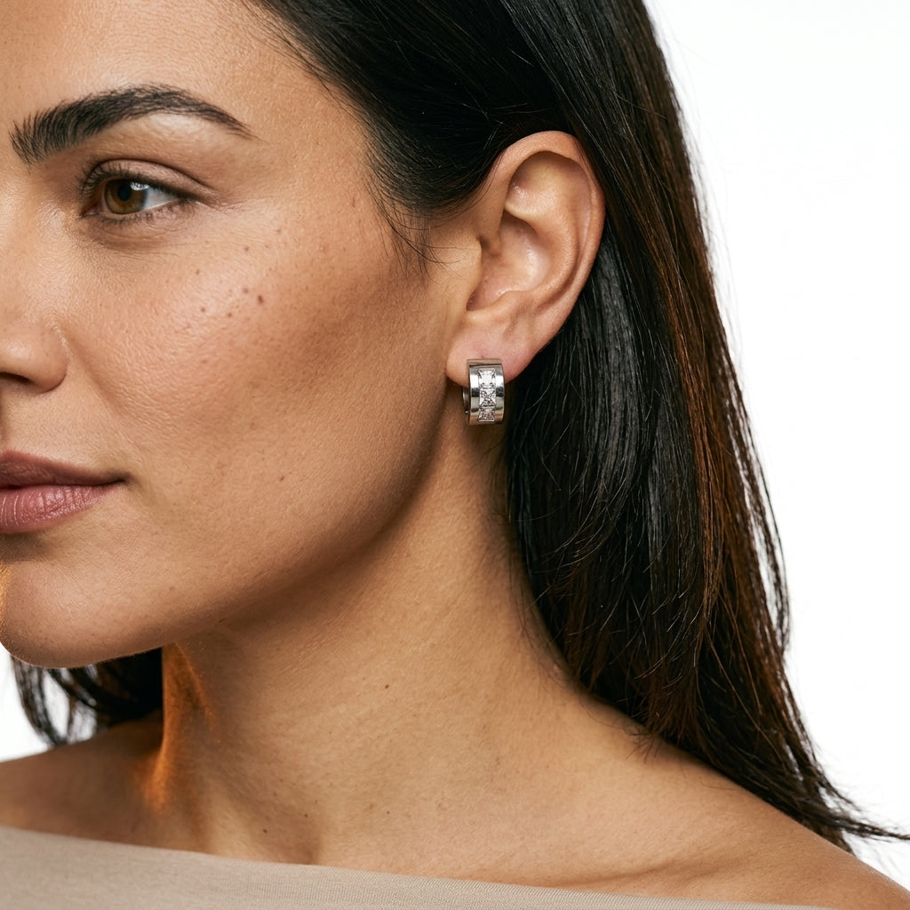 Huggie Earrings — On Model - Close-up Detail | Generated by Modelize
