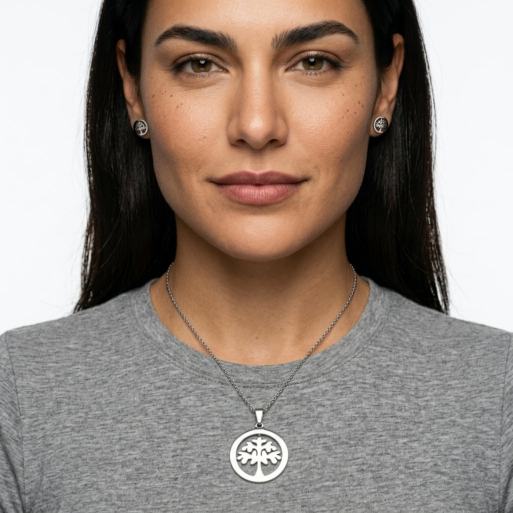 Jewelry set (pendant necklace and stud earrings) — On Model - Close-up Detail | Generated by Modelize