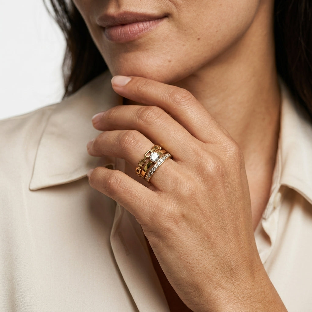 Three-piece ring set — On Model — Accessories Focus | Generated by Modelize