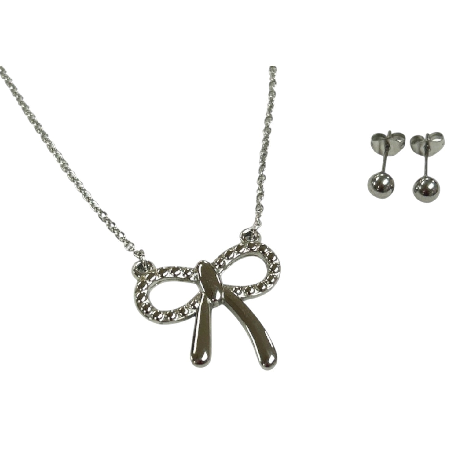 Stainless Steel Set with bow pendant, chain and ball earrings - Jewelry and more
