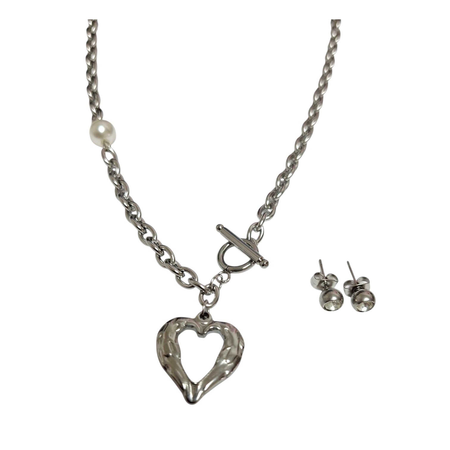 Stainless Steel Set: Designer necklace with heart pendant and ball earrings - Jewelry and more