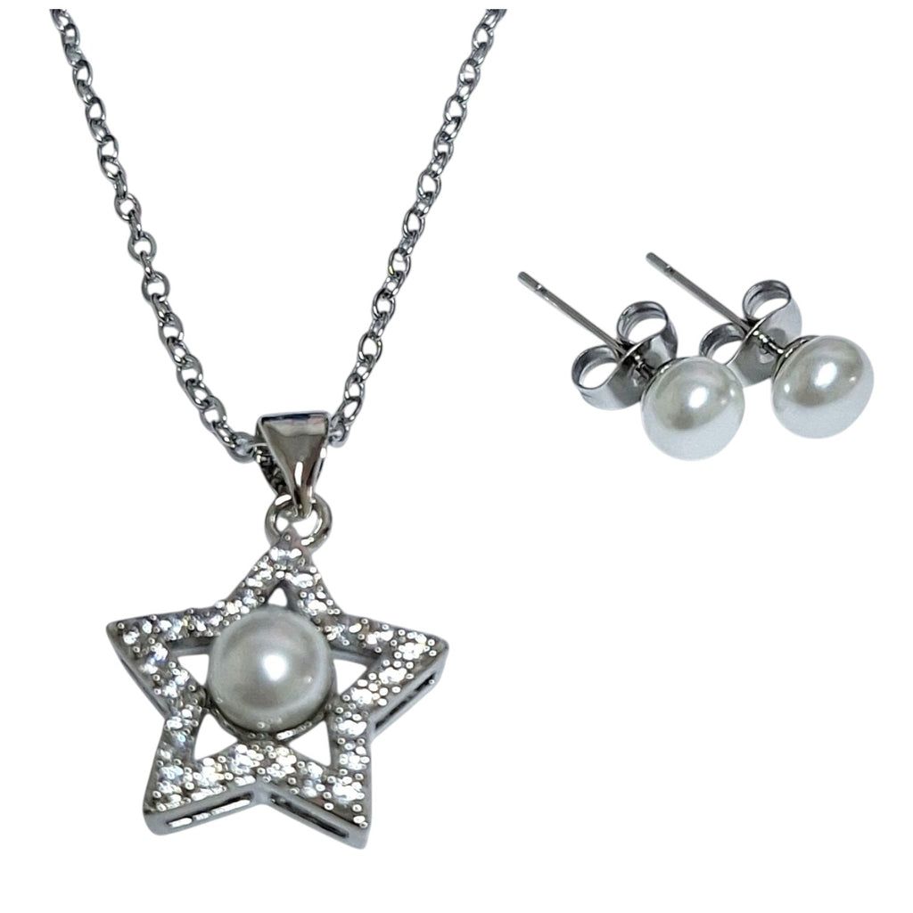 Stainless Steel Set with star pendant with pearl chain and pearl earrings - Jewelry and more