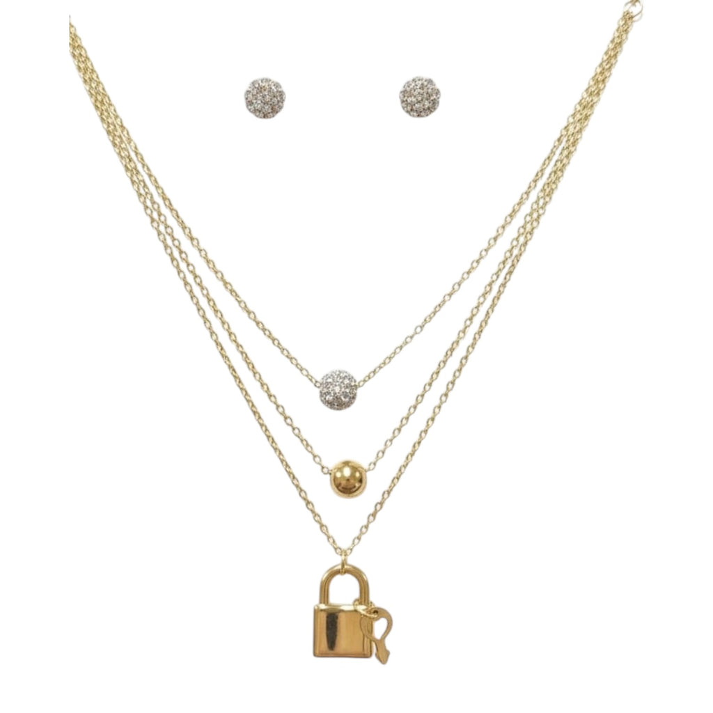 Stainless Steel Gold Set Triple Chain with Padlock Pendant and Beads and Earrings - Jewelry and more