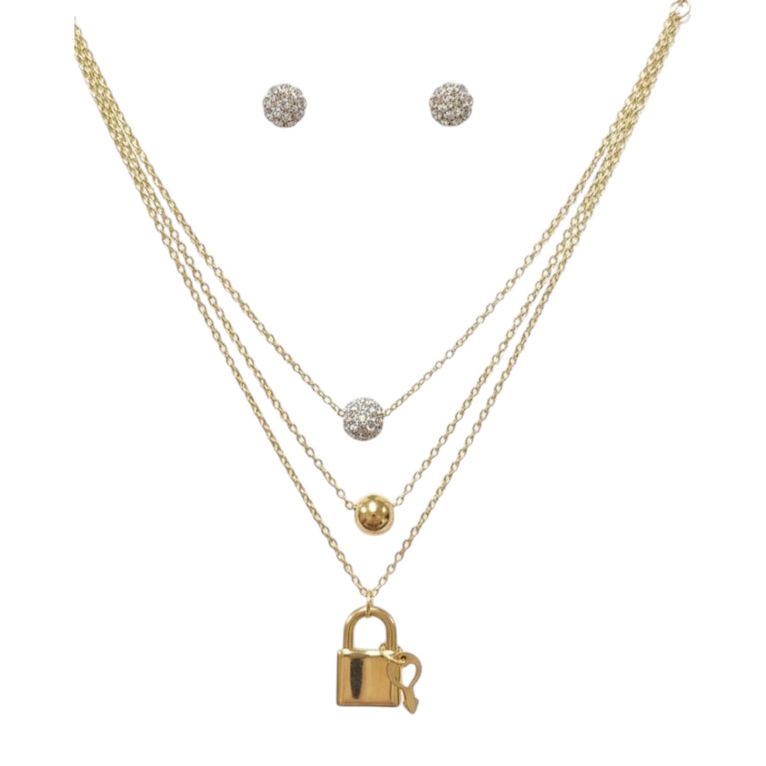 Stainless Steel Gold Set Triple Chain with Padlock Pendant and Beads and Earrings - Jewelry and more